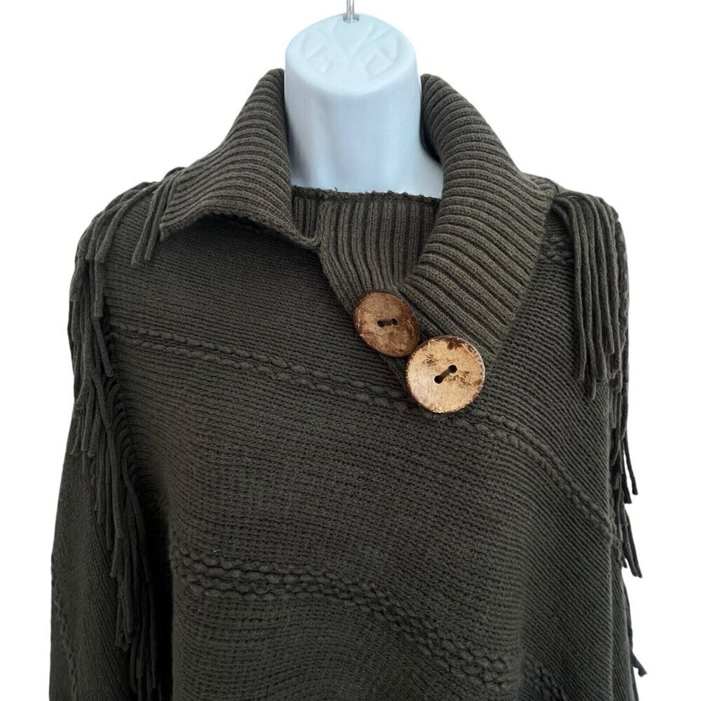 Leto Collection Fringe Poncho Wrap Olive Green One Size Bohemian Boho Hippie - Picture 3 of 13